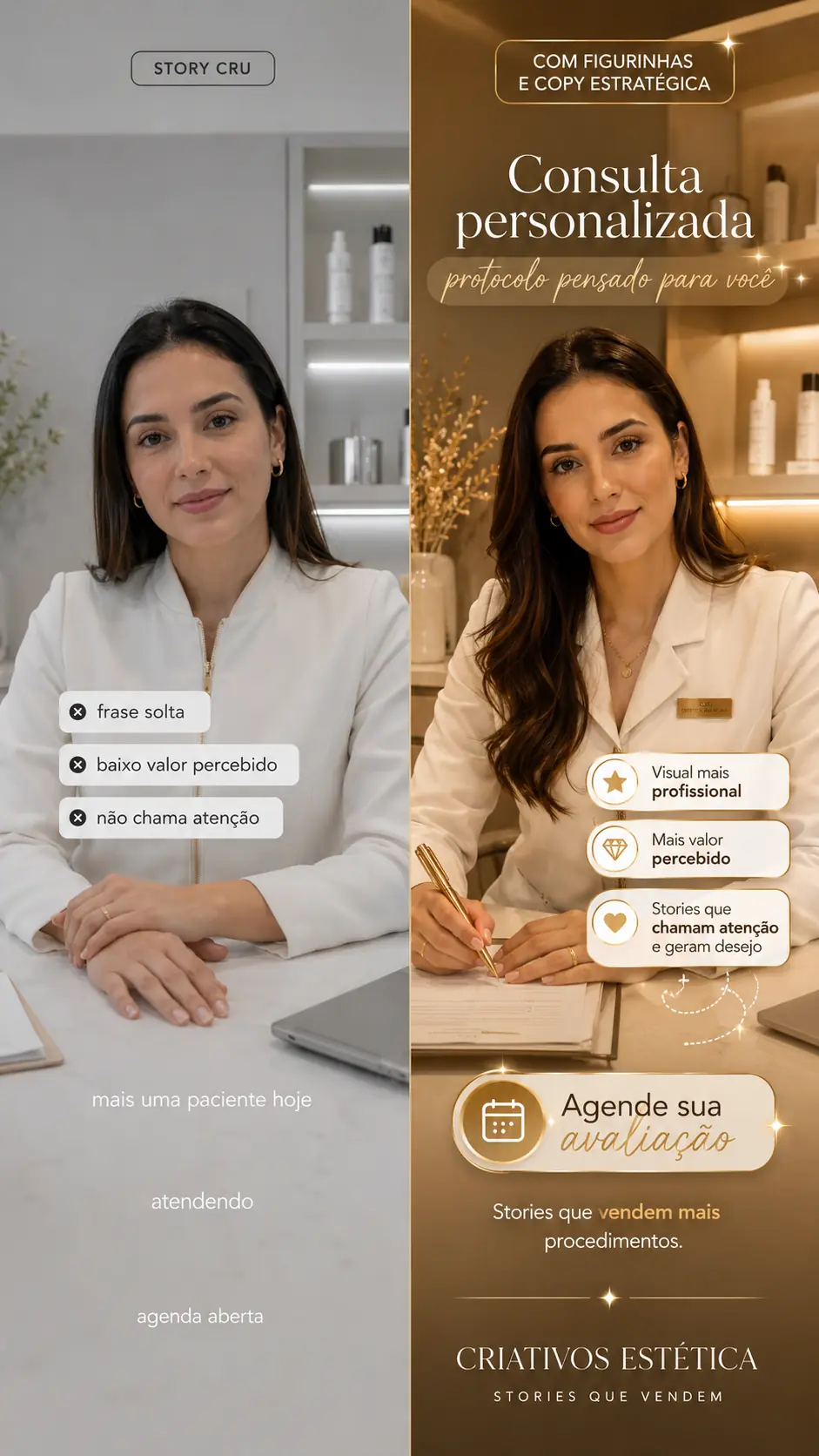 Comparação: Story cru sem o app Criativos Estética ao lado do mesmo Story com figurinhas e copy estratégica do app